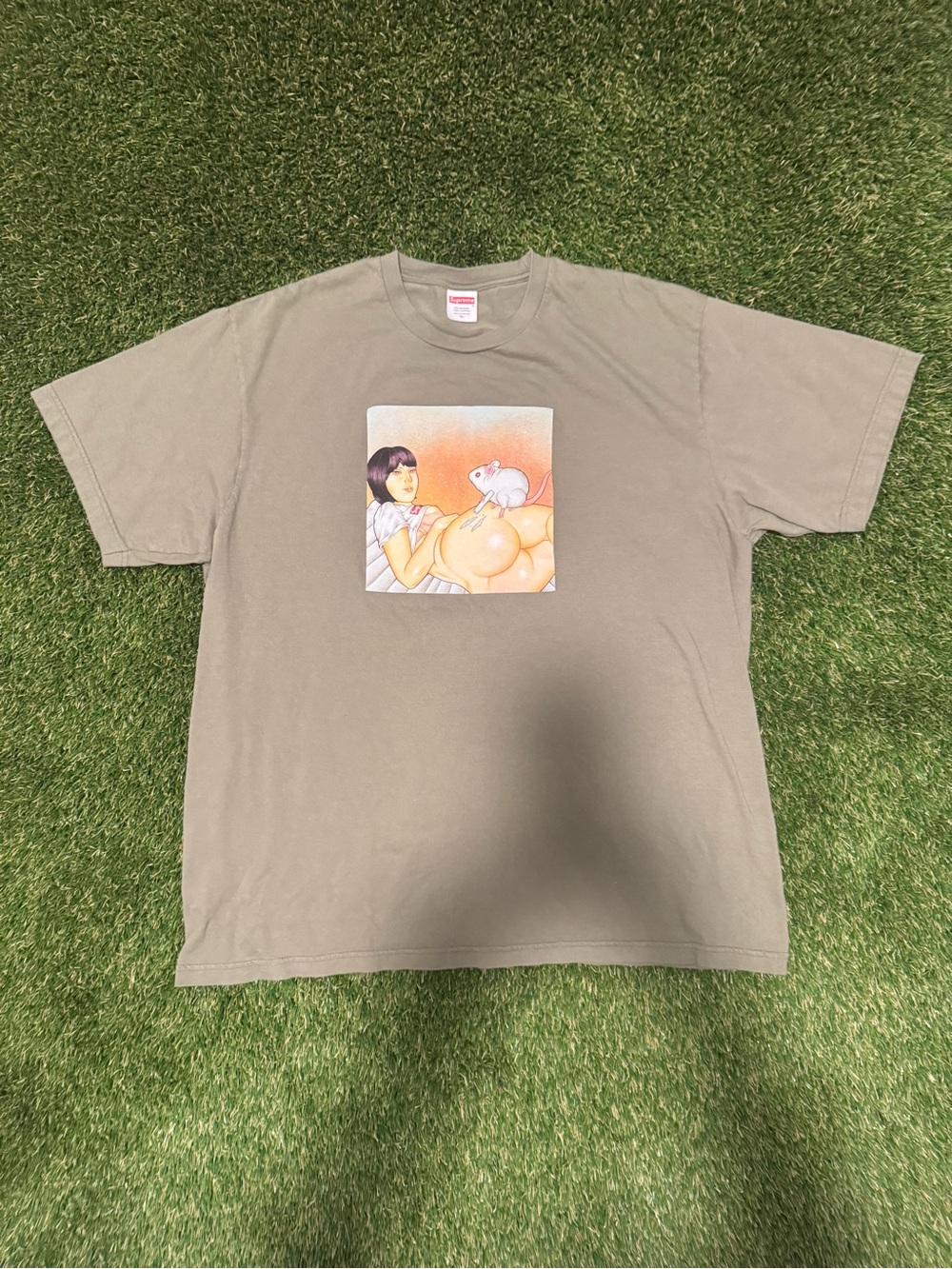Supreme Taupe Graphic Tee with Colorful Chest Print